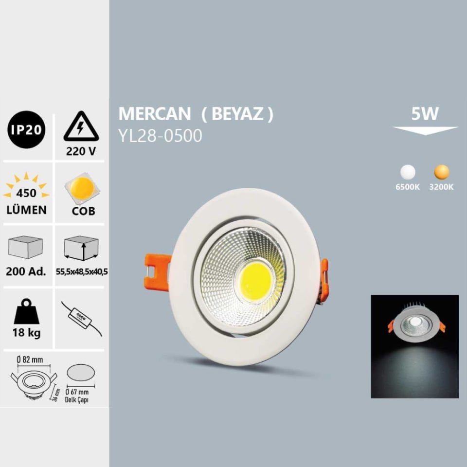 Noas 5W Cob Led Spot Mercan Beyaz Kasa Gün Işığı