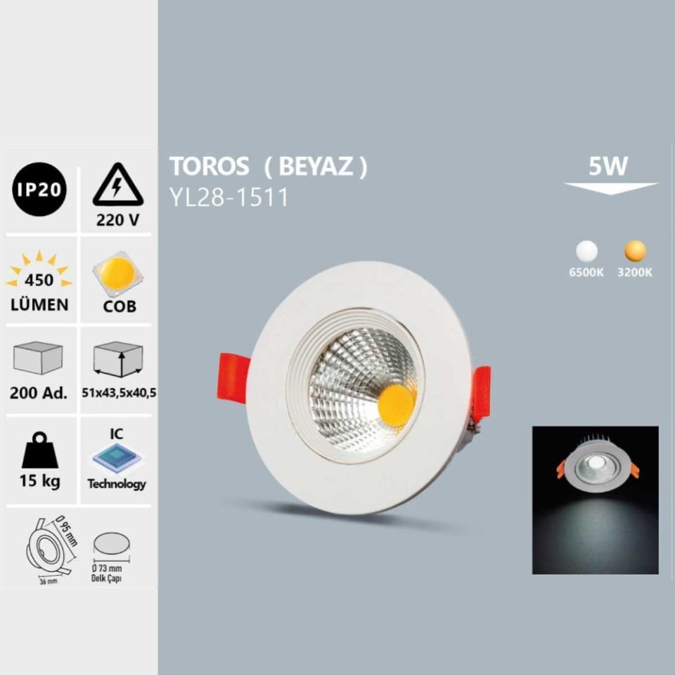 Noas 5W Cob Led Spot Toros Beyaz Kasa Beyaz Işık