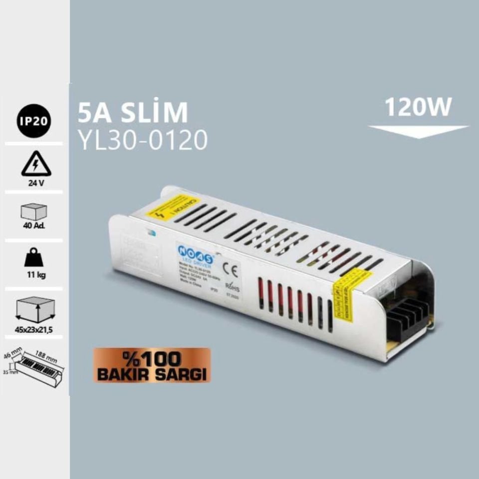 Noas 24V 5A Slım Kasa Trafo (%100 Bakır Sargı)