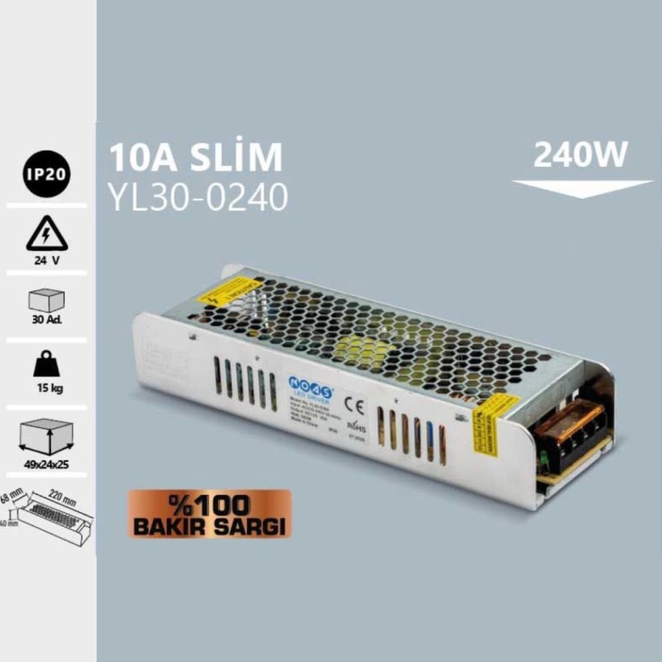 Noas 24V 10A Slım Kasa Fanlı Trafo (%100 Bakır Sargı)