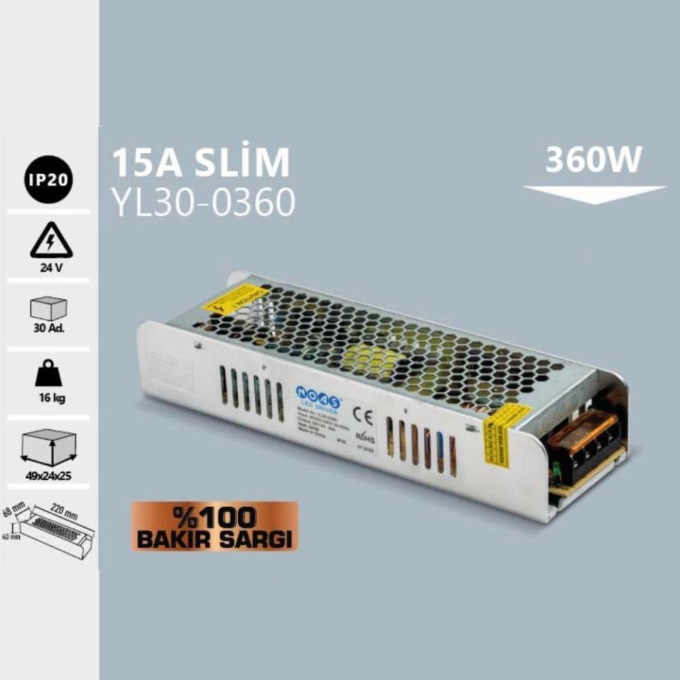 Noas 24V 15A Slım Kasa Fanlı Trafo (%100 Bakır Sargı)