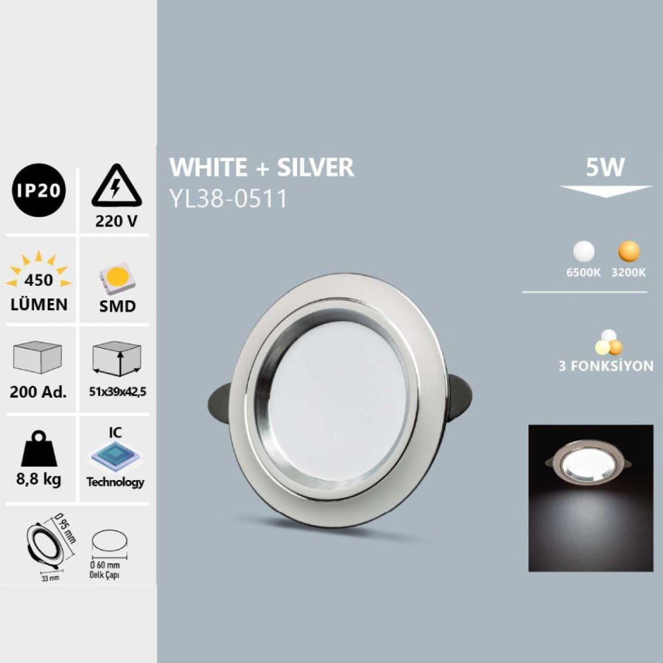 Noas 5W Whıte+Sılver Spot 3 Renk