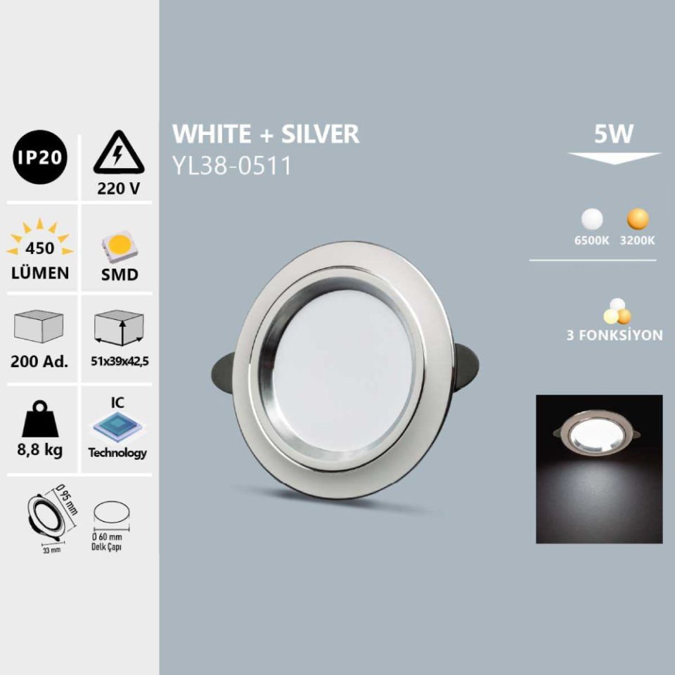 Noas 5 W Sılver + Whıte Spot Günışığı