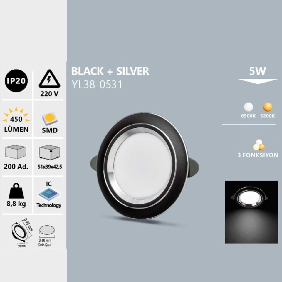 Noas 5 W Black+Sılver Led Spot 3 Renk