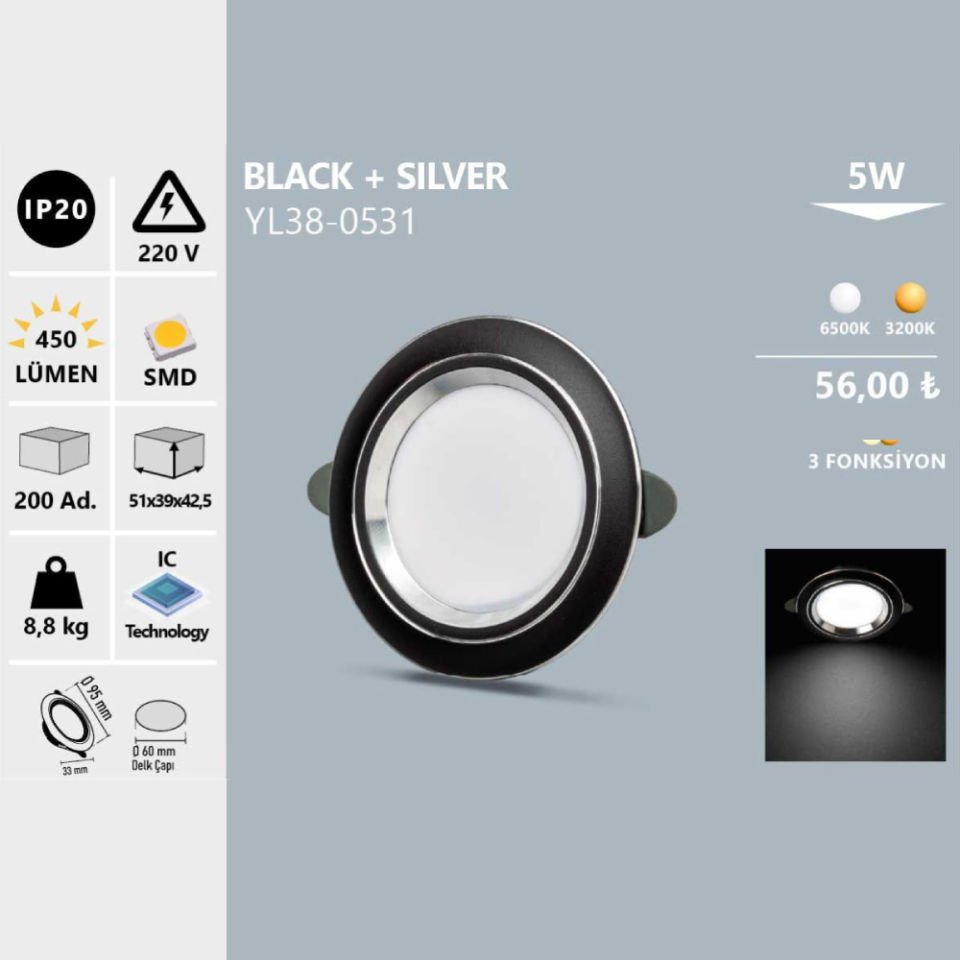 Noas 5W Black+Sılver Spot Günışığı