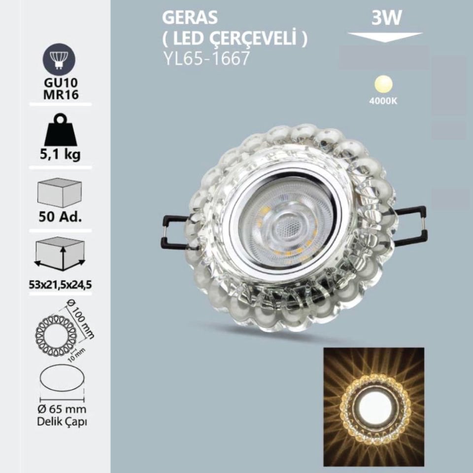 Noas Geras Kristal Cam Kasa Yuvarlak 4000K