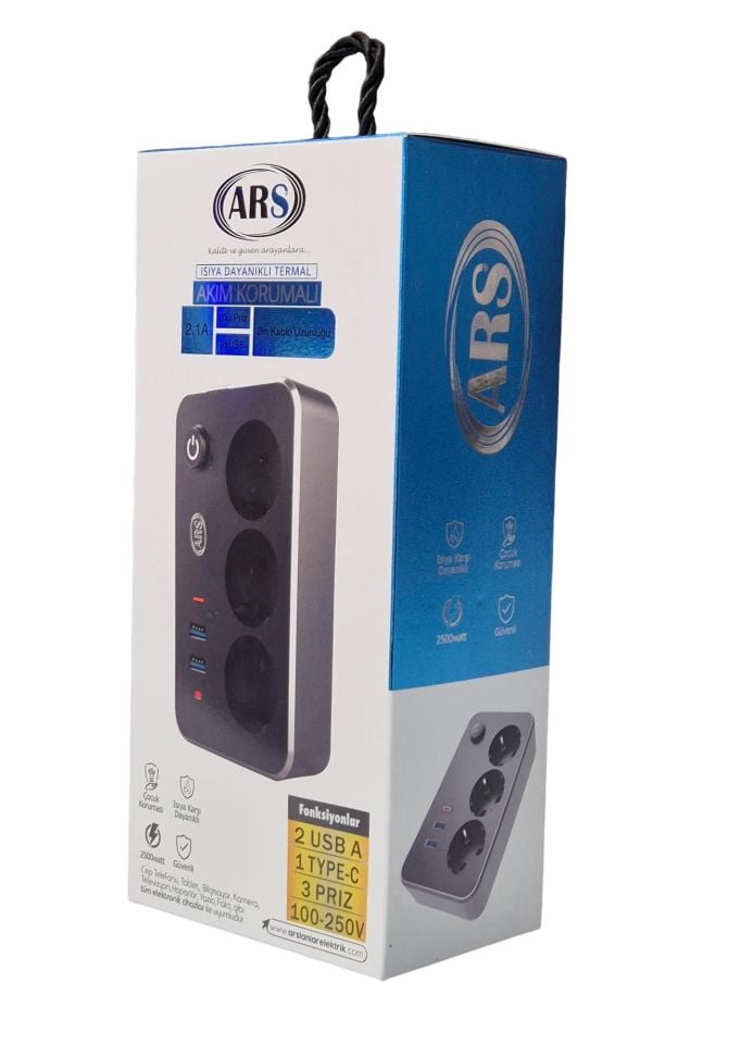 ARS 3'LÜ AKIM KORUMALI ANAHTARLI 2 USB 1 TYPE-C 2 MT