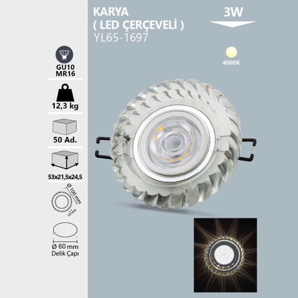 Noas Karya Kristal Cam Kasa Yuvarlak 4000K