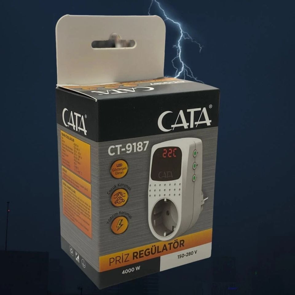 Cata Akım Korumalı Tekli Topraklı Priz Regülatör ( 150-280V ) ( 4000W )