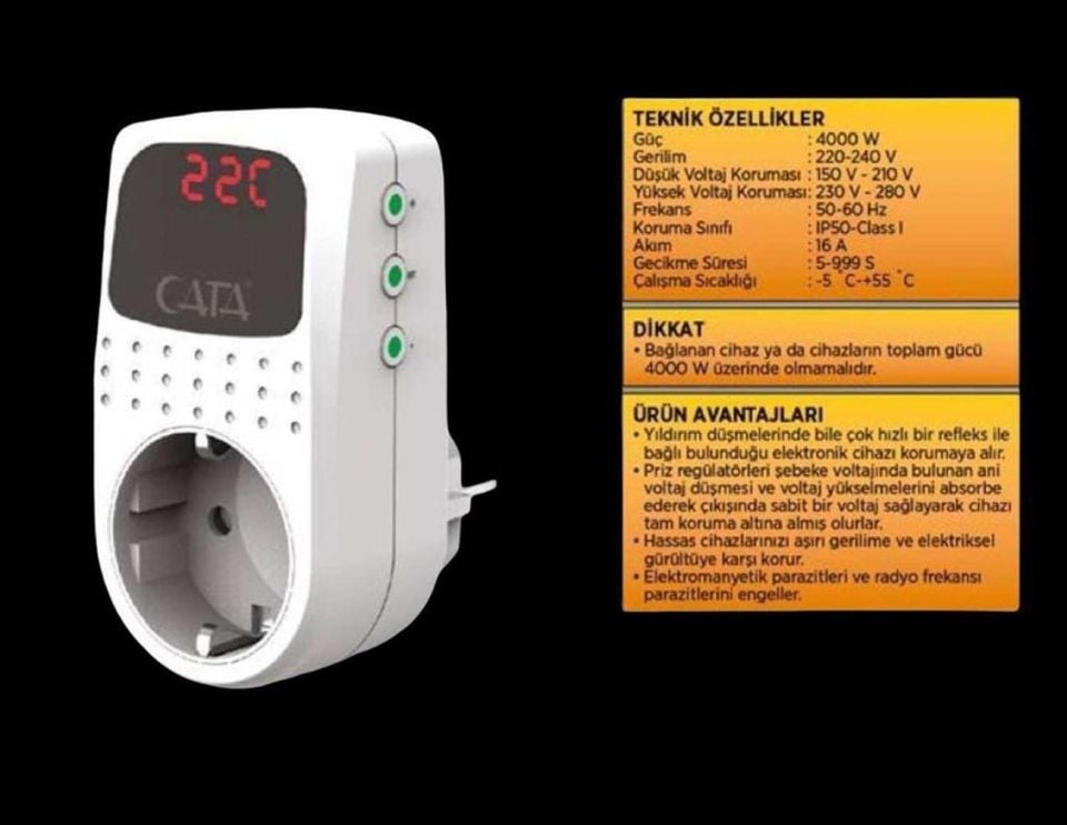 Cata Akım Korumalı Tekli Topraklı Priz Regülatör ( 150-280V ) ( 4000W )