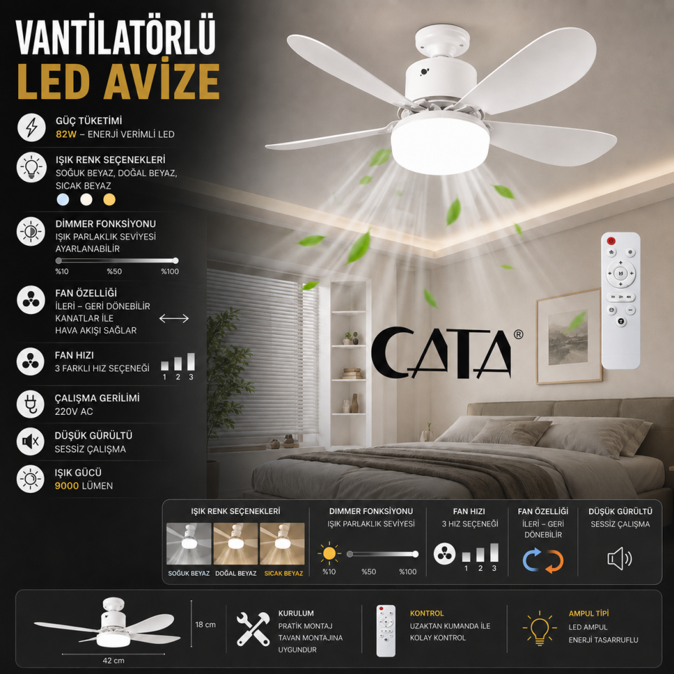 CATA Karayel Fan 82W Led Ampul Dimmerli CT-1155