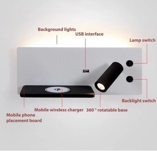 ECONA USB Şarj Ve Kablosuz Şarjlı Yatak Başı Armatür Günışığı