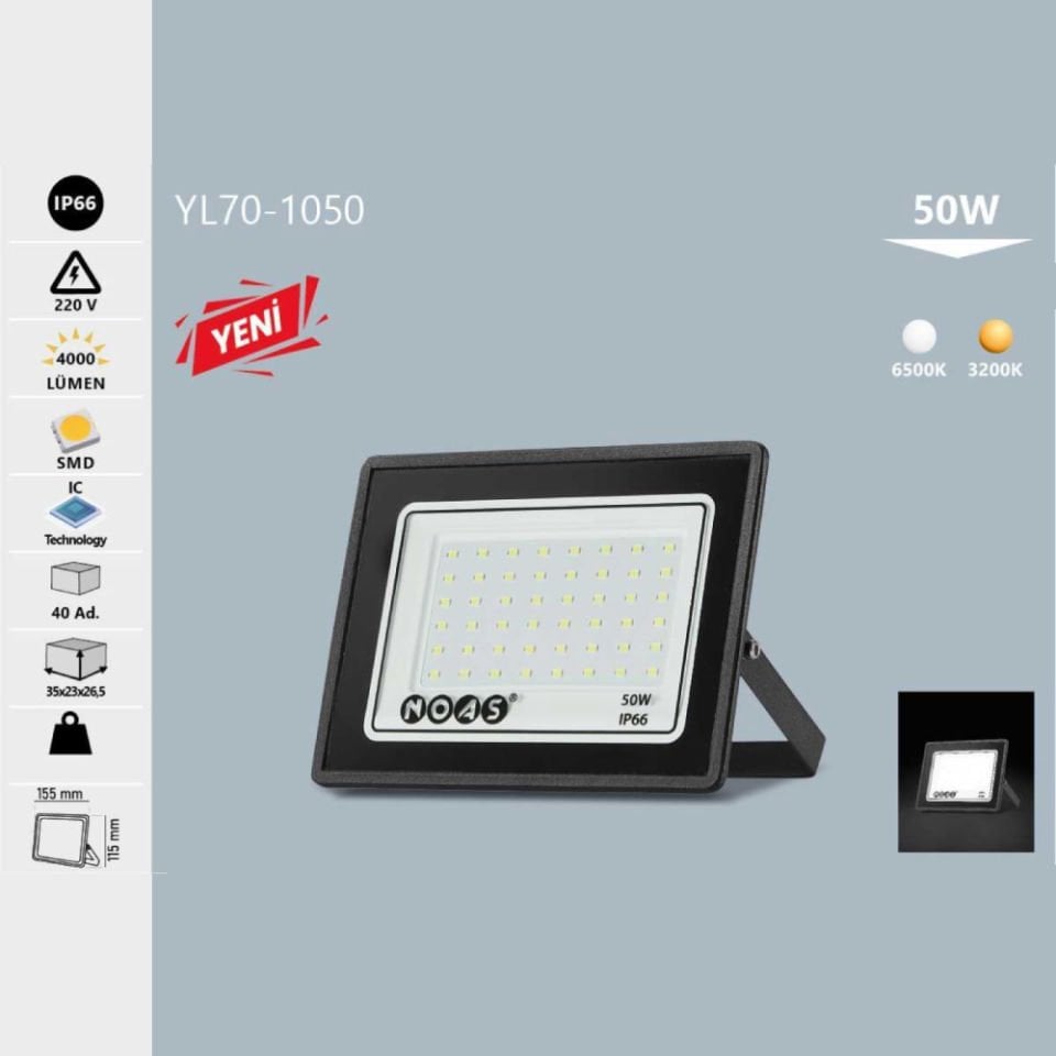Noas 50W Ultra Slim Led Projektör Beyaz Işık