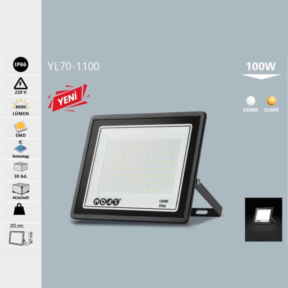 Noas 100W Ultra Slim Led Projektör Beyaz Işık