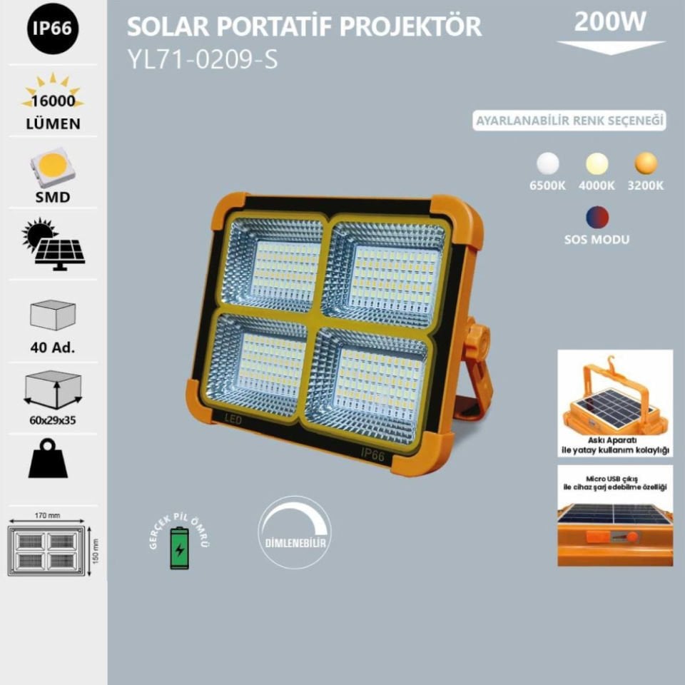 Noas 200W Solar Portatif Projektör Beyaz Işık