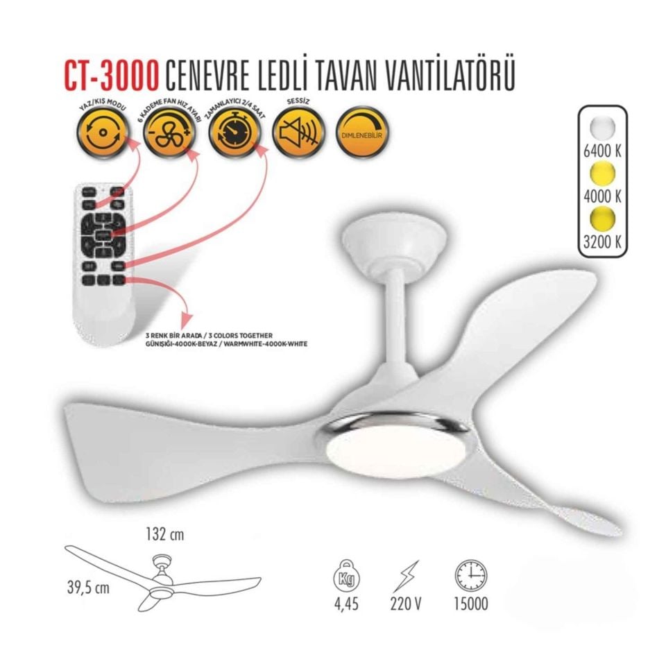 Cata Cenevre Ledli Tavan Vantilatörü Kumandalı 3 Renk