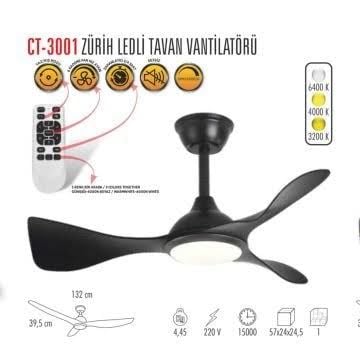 Cata Zürih Ledli Tavan Vantilatörü Siyah renk Kumandalı 3 Renk