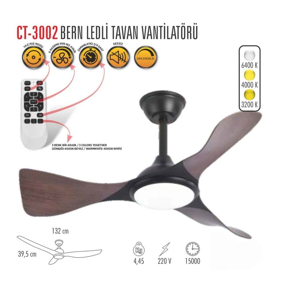 Cata Bern Ledli Tavan Vantilatörü Ahşap Kumandalı 3 Renk