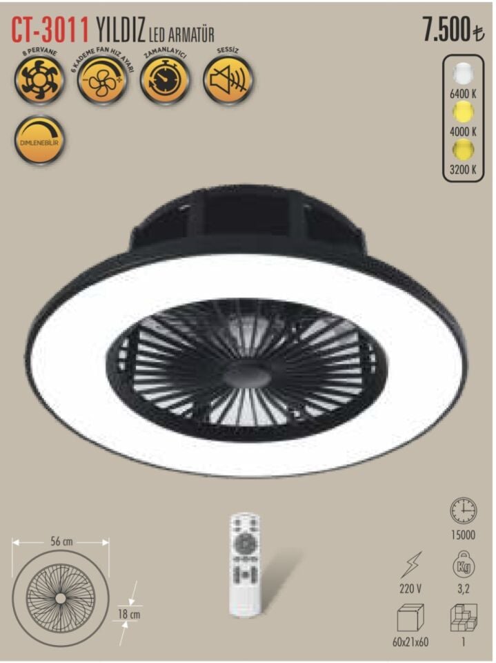 Cata Yıldız Ledli Tavan Vantilatörü Kumandalı 3 Renk