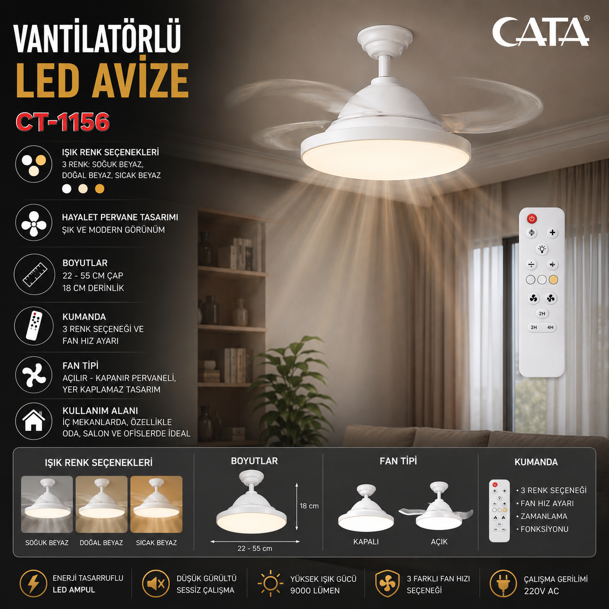 Cata Dolunay Fan Ampul Kumandalı 3 Renk