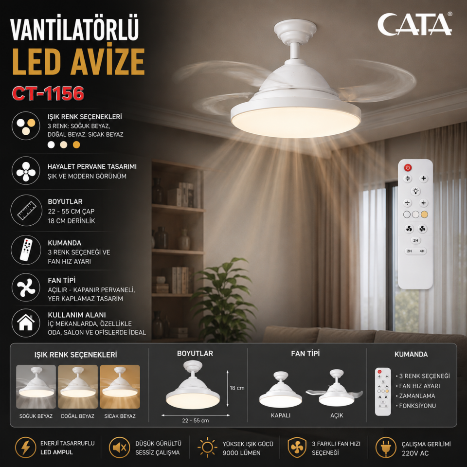 Cata Dolunay Fan Ampul Kumandalı 3 Renk