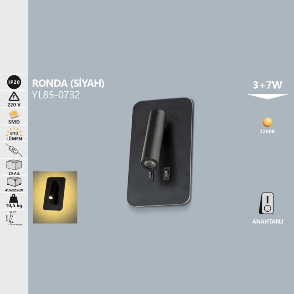 Noas 3+7W Siyah Kasa Gün Işığı - Ronda Led Dekoratif Aplik