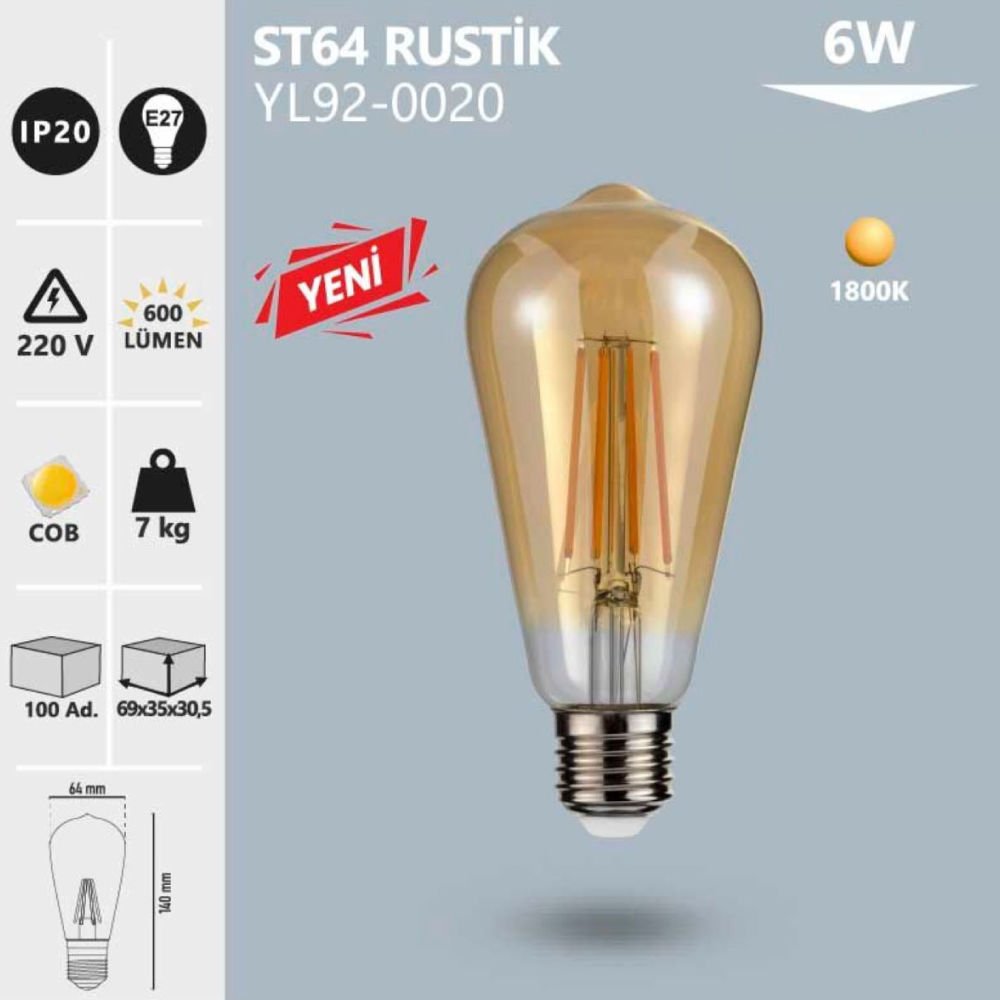 Noas 6W St64 Rustık Ampul Amber/1800K-E27