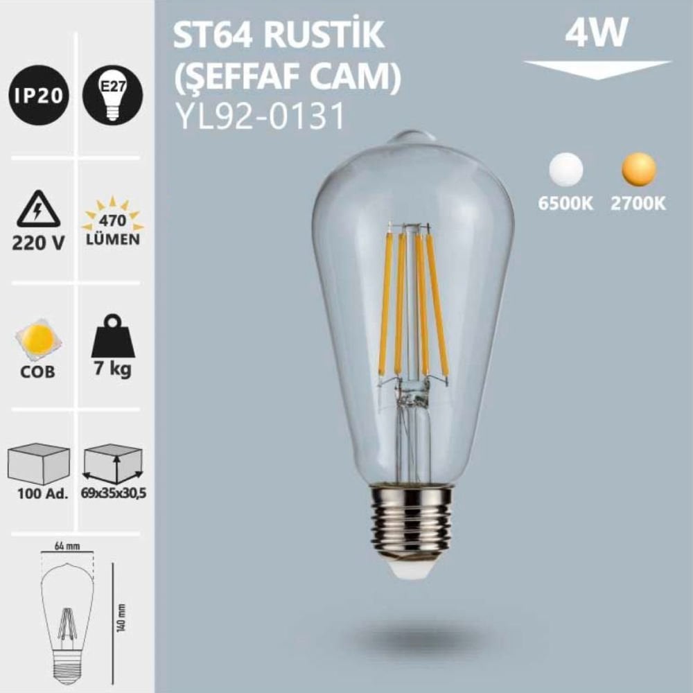 Noas St64 Şeffaf Cam Rustik Ampul 2700K