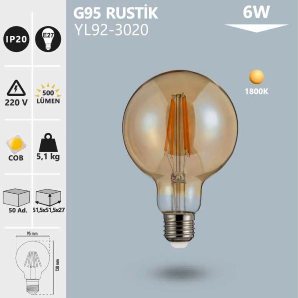 Noas 6W G95 Rustık Ampul Amber/1800K - E27