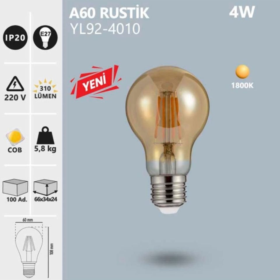 Noas 4W A60 Rustık Ampul Amber/1800K-E27