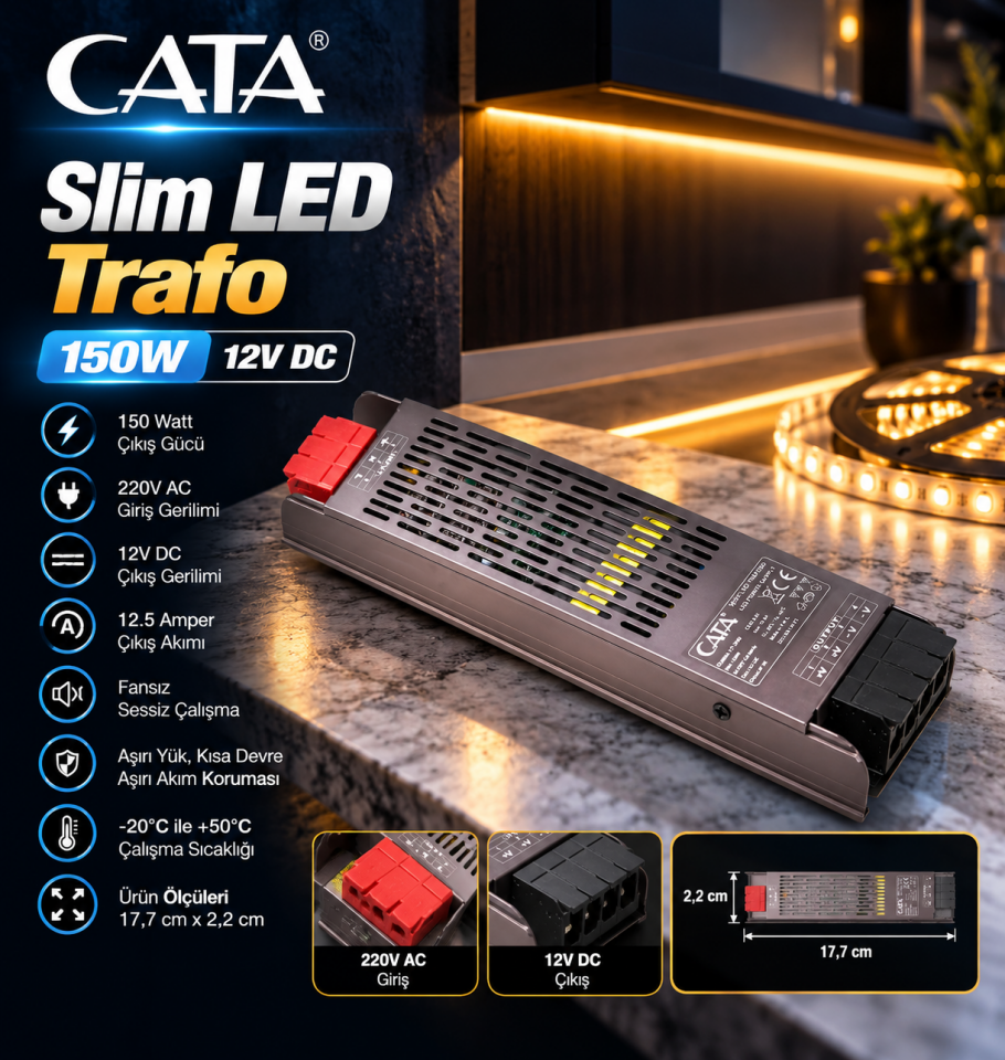 Cata Premium 12Volt 12.5 Amp Slim Şerit Led Trafosu