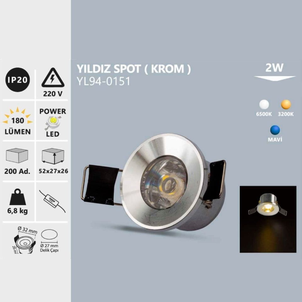 Noas 2W Yıldız Spot Krom Kasa Gün Işığı