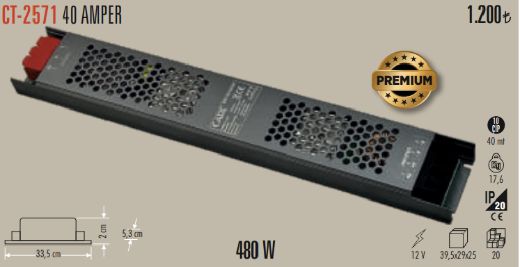 40 Amper Şerit Led Trafosu ( 500W ) (Süper Slim Fansız)