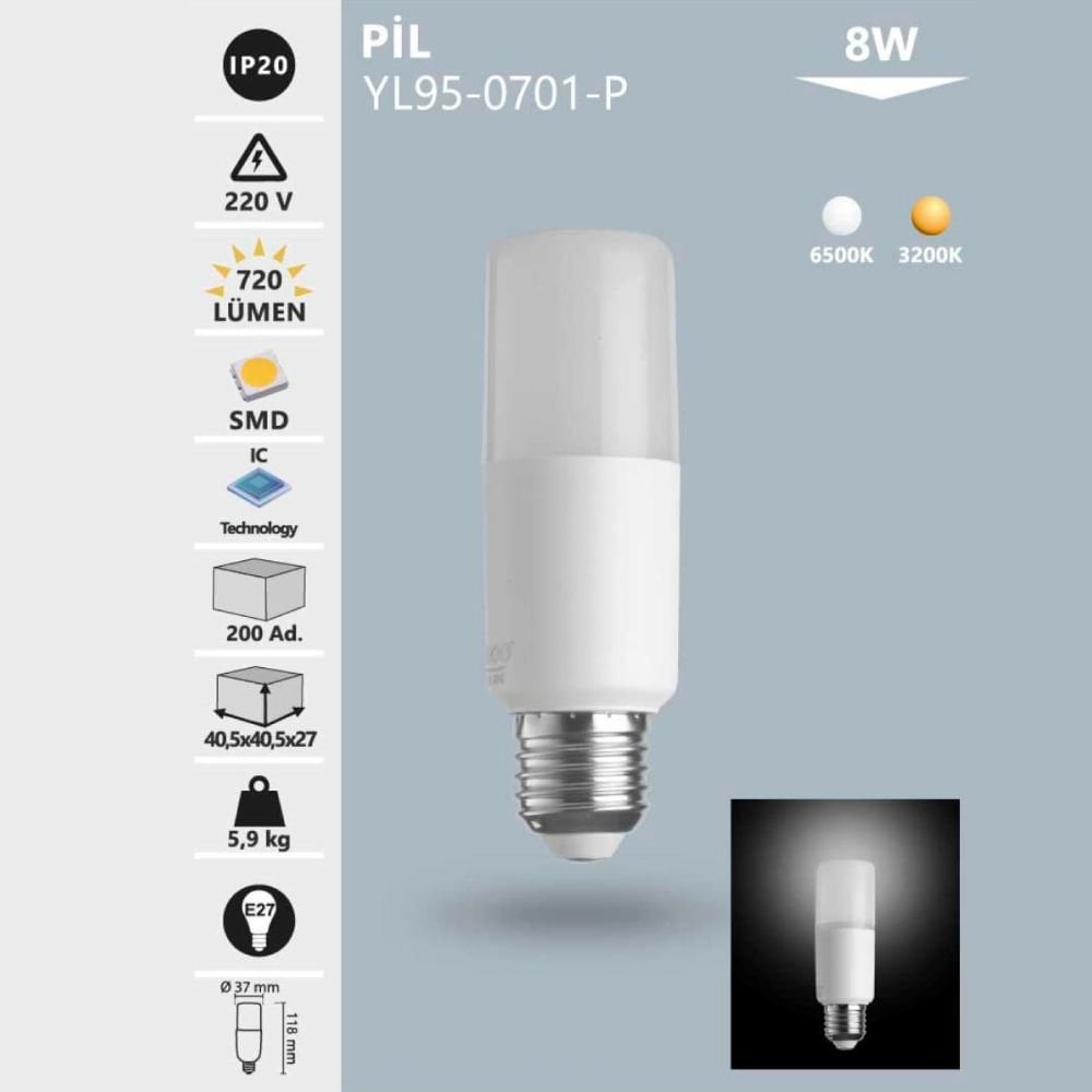 8W E27  Pil Led  Ampul Beyaz Işık