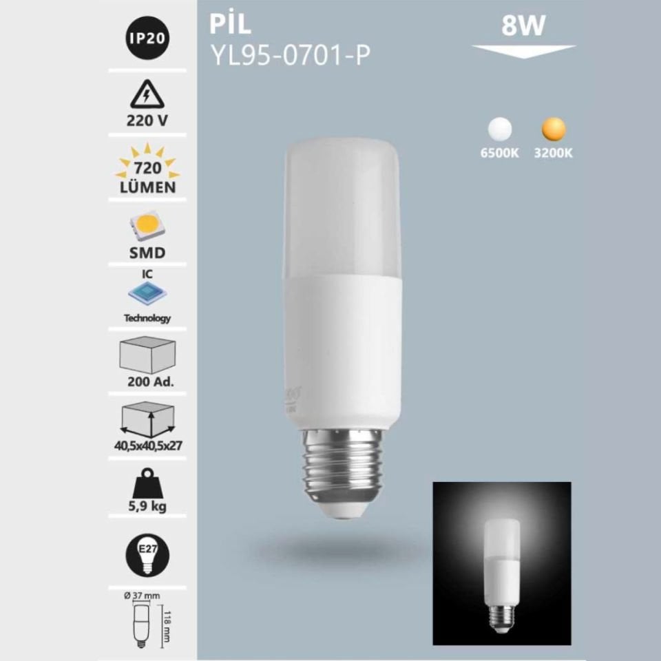Noas 8W E27 Pil Led Ampul Gün Işığı