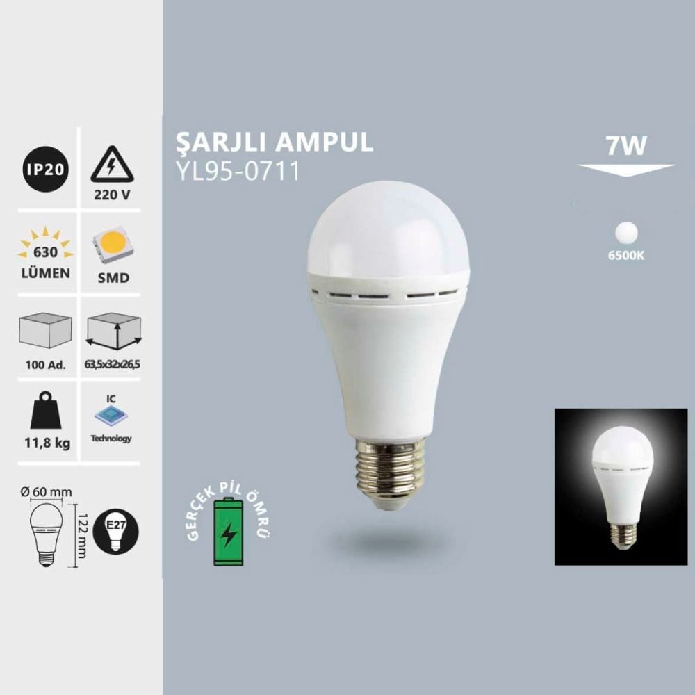 Noas 7 W Şarjlı Ampul Beyaz Işık