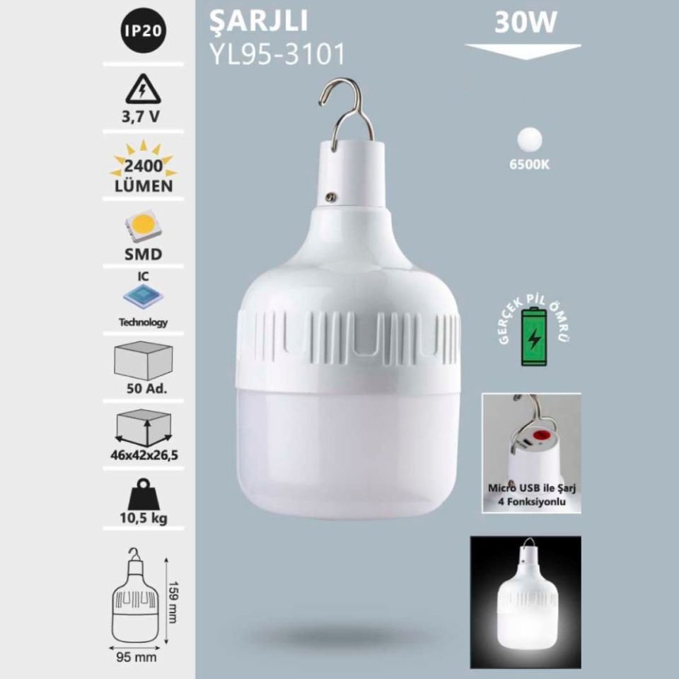 Noas 30W Şarjlı Ampul Beyaz Işık