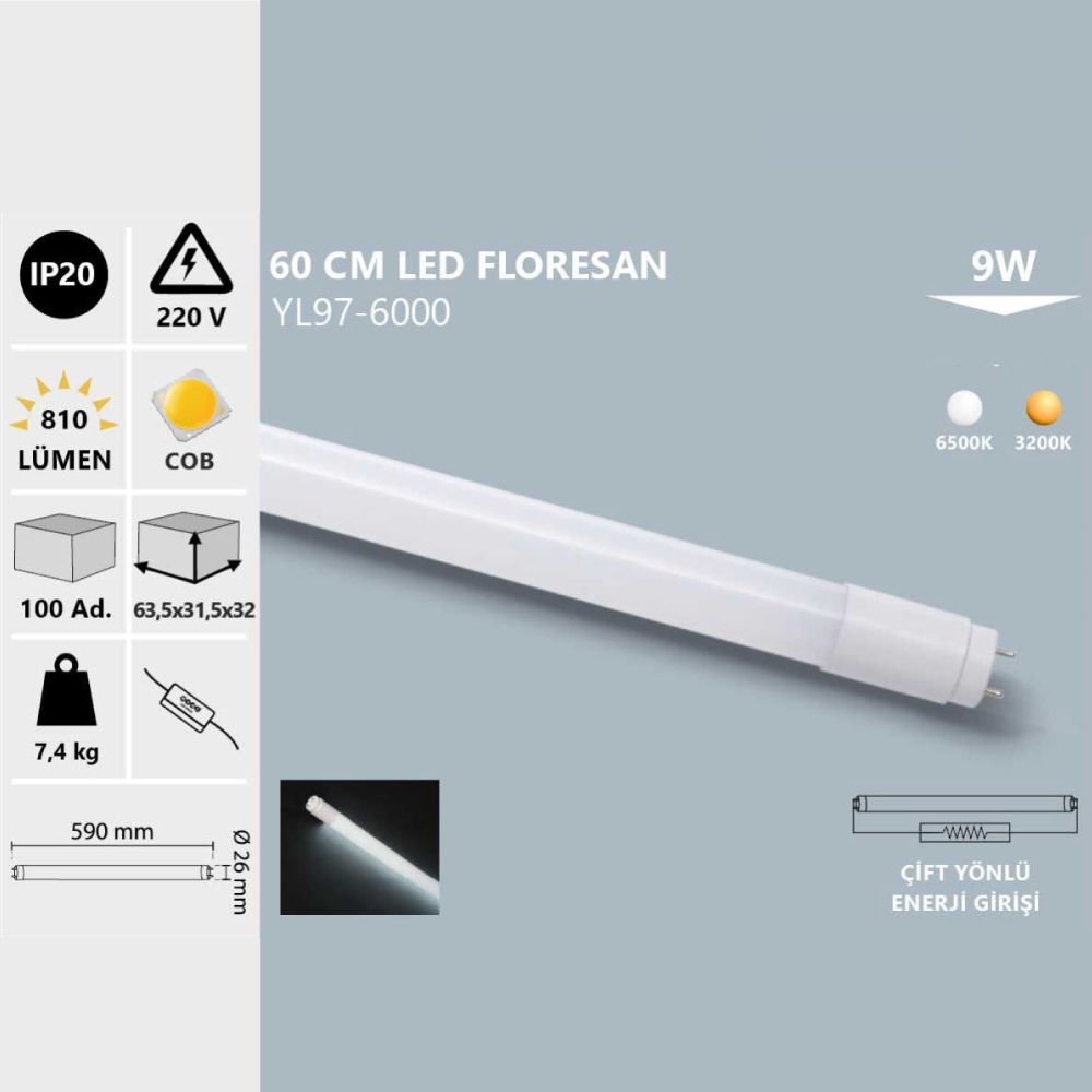 Noas 9W 60 Cm Led Floresan Beyaz Işık