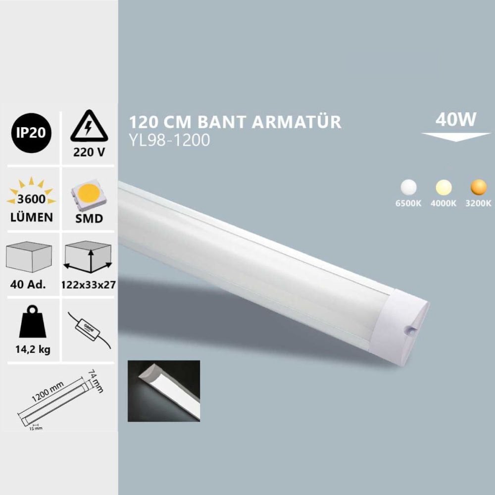 Noas 40W Ip20 120 Cm Bant Armatür Beyaz Işık
