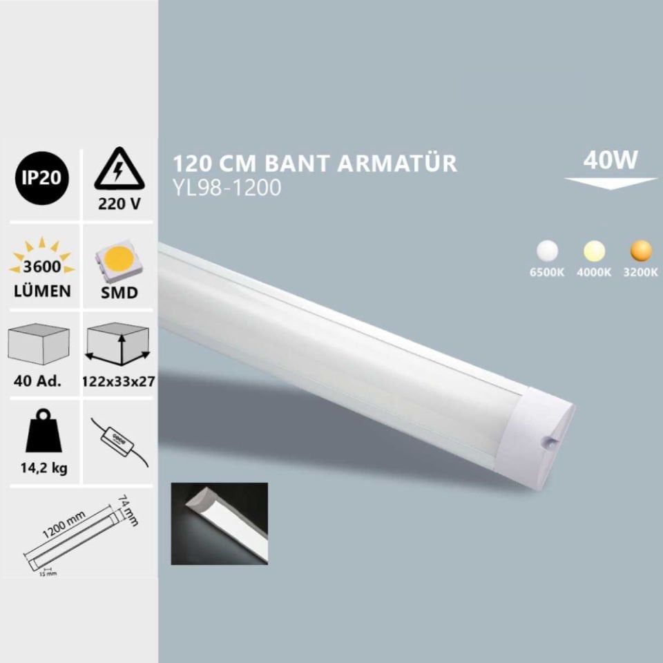 Noas 40W Ip20 120 Cm Bant Armatür Beyaz Işık