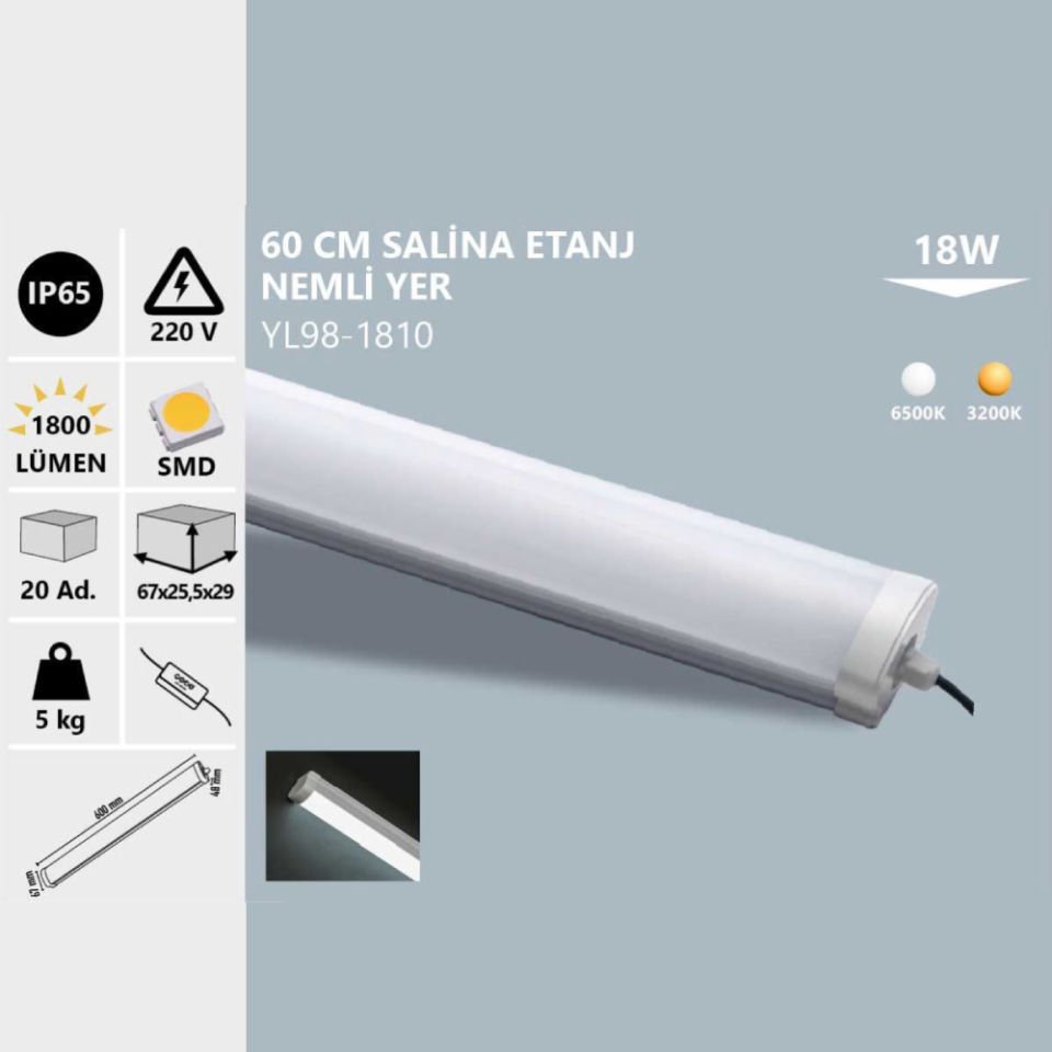 Noas 18W Ip65 60 Cm Salina Etanj Nemli Yer Beyaz Işık