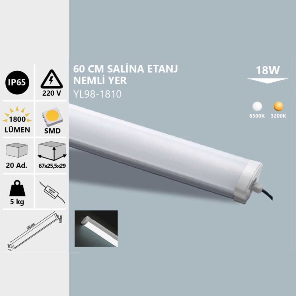 Noas 18W Ip65 60 Cm  Salina Etanj Nemli Yer Günışığı