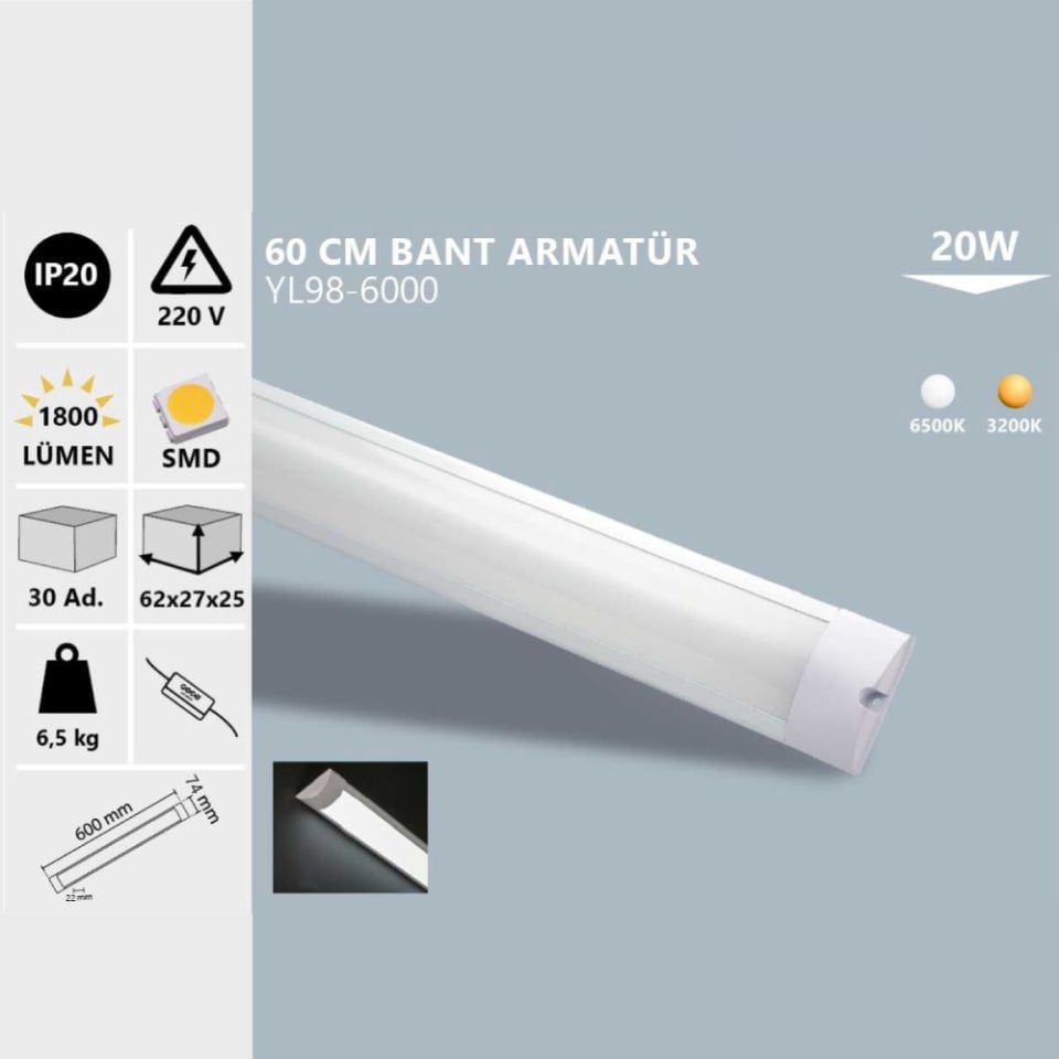 Noas 20W Ip20 60 Cm Led Bant Armatür Beyaz Işık