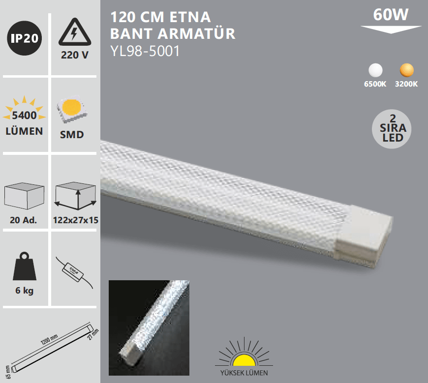 NOAS 60W IP20 120 CM ETNA BANT ARMATÜR BEYAZ