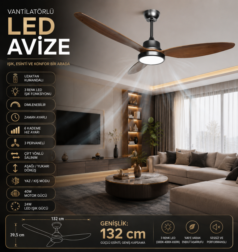 K2-VANTİ KCF323 70W 52 INCH CEILING FAN KOYU AHSAP