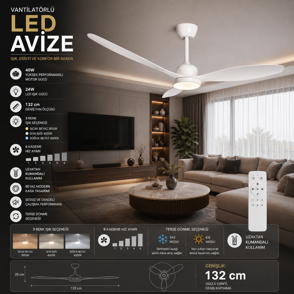 K2-VANTİ KCF321 70W 52 INCH CEILING FAN BEYAZ