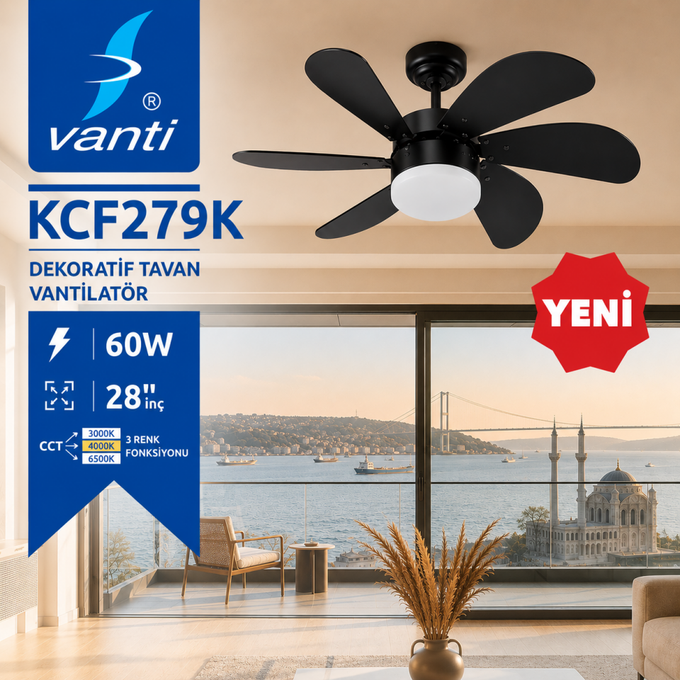 VANTİ AVIZELI VANTILATOR 60W KUMANDALI SİYAH 3 RENK