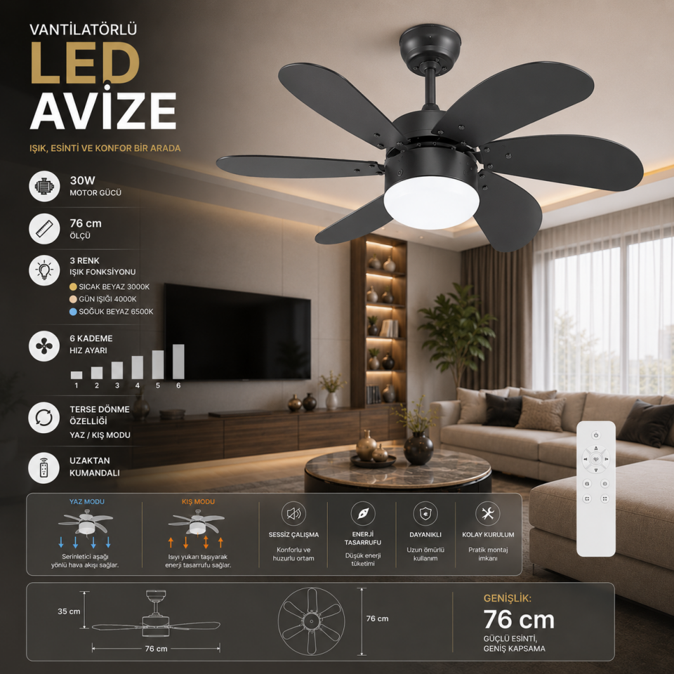 VANTİ AVIZELI VANTILATOR 60W KUMANDALI SİYAH 3 RENK