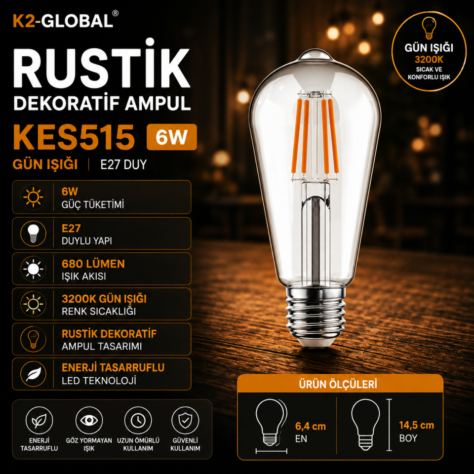K2-GLOBAL KES505 6W RUSTİK E27 AMPUL GÜNIŞIĞI
